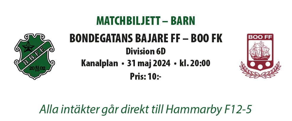 Entrébiljett till Bondegatans Bajare - Boo FK, division 6D, 31/5 kl. 20:00 på Kanalplan.